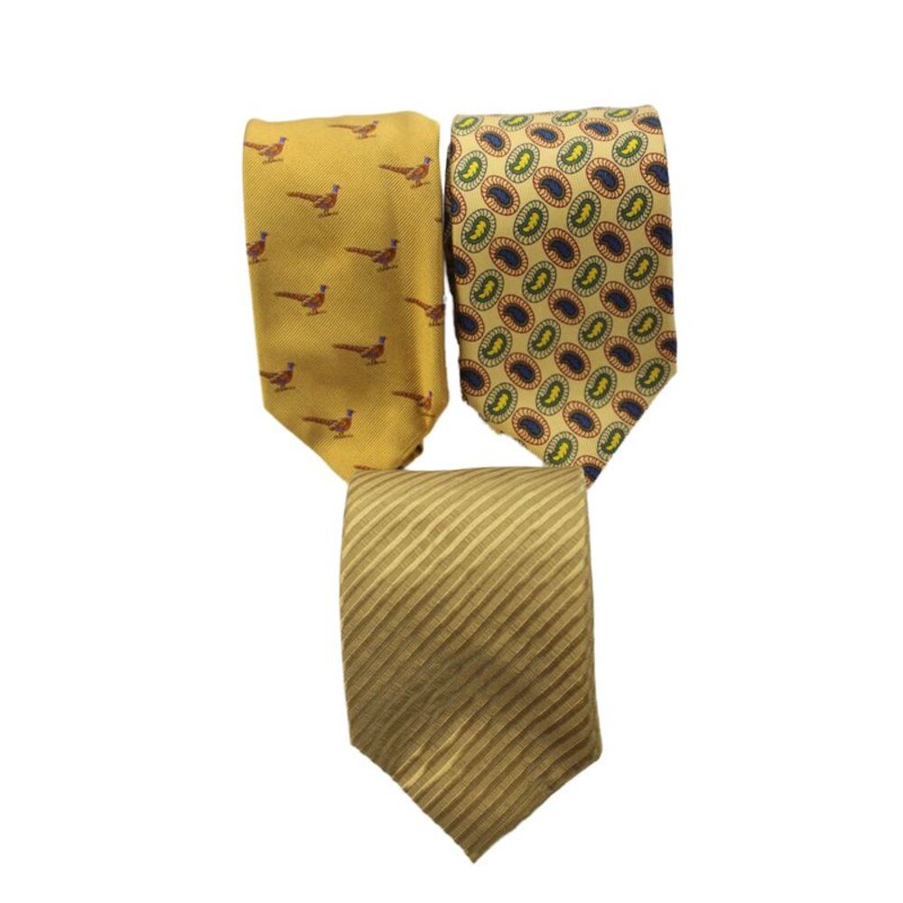 Beretta Harrods Bel + Cia Mens Silk Bird Print Necktie Yellow Set of 3